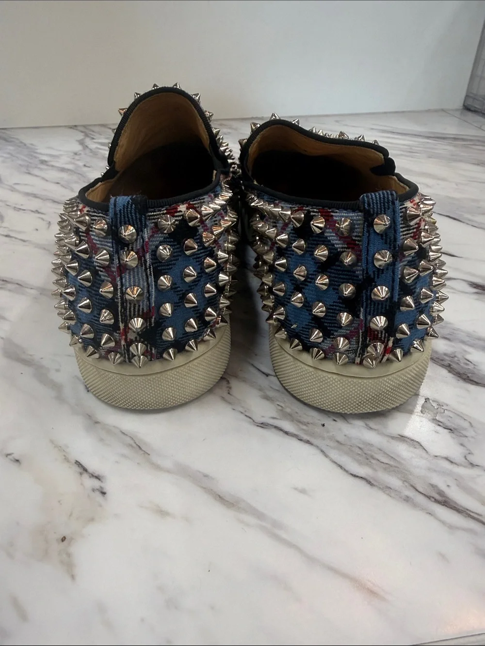 Christian Louboutin Blue Plaid Spike-Embellished Slip-Ons
